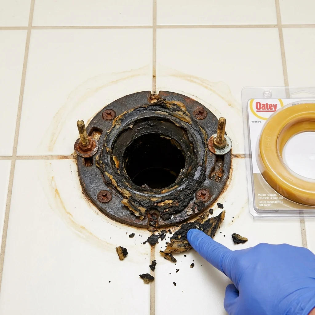 Failed wax ring showing water seepage at the base of a toilet in a Coldwater, MI home