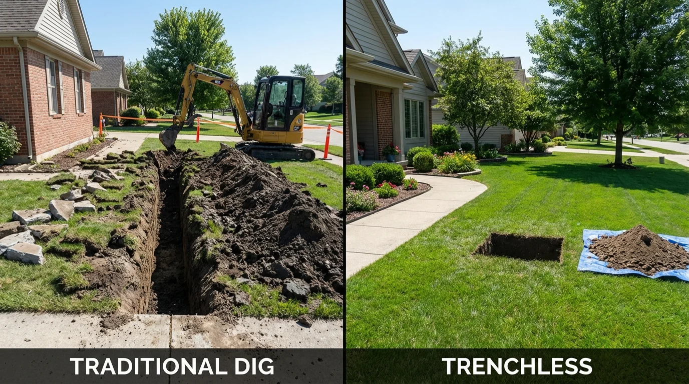 Trenchless sewer repair with minimal yard damage versus traditional excavation in Coldwater, MI
